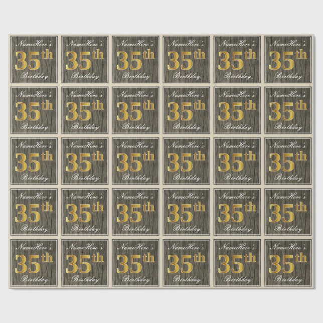 Elegant, Faux Wood, Faux Gold 35th Birthday + Name Wrapping Paper (Flat)