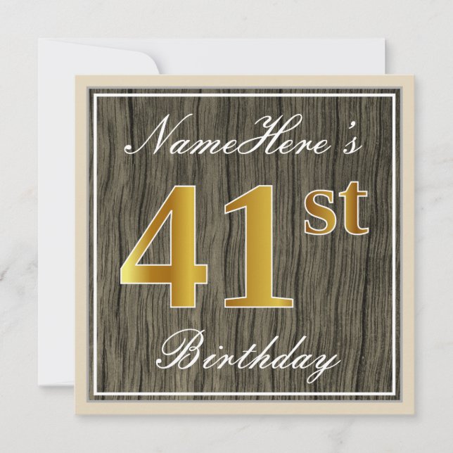 Elegant, Faux Wood, Faux Gold 41st Birthday + Name Invitation (Front)