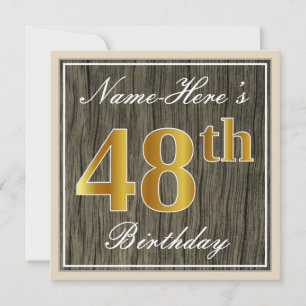 Elegant, Faux Wood, Faux Gold 48th Birthday + Name Invitation