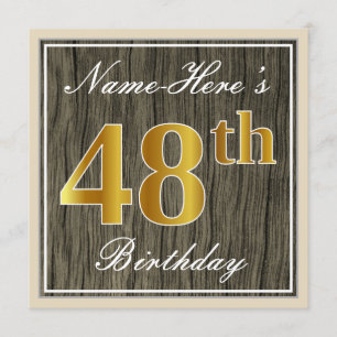 Elegant, Faux Wood, Faux Gold 48th Birthday + Name Invitation