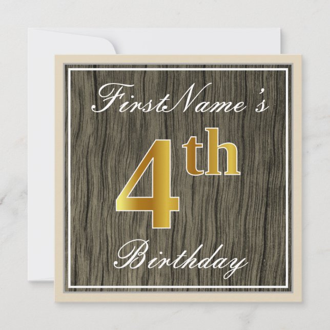 Elegant, Faux Wood, Faux Gold 4th Birthday + Name Invitation (Front)