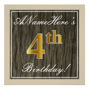 Elegant, Faux Wood, Faux Gold 4th Birthday + Name Poster