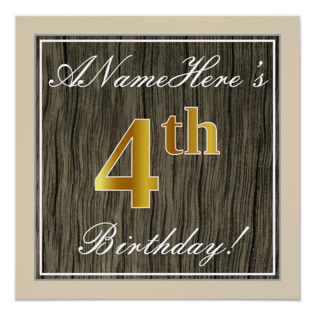 Elegant, Faux Wood, Faux Gold 4th Birthday + Name Poster (Front)