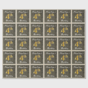 Elegant, Faux Wood, Faux Gold 4th Birthday + Name Wrapping Paper