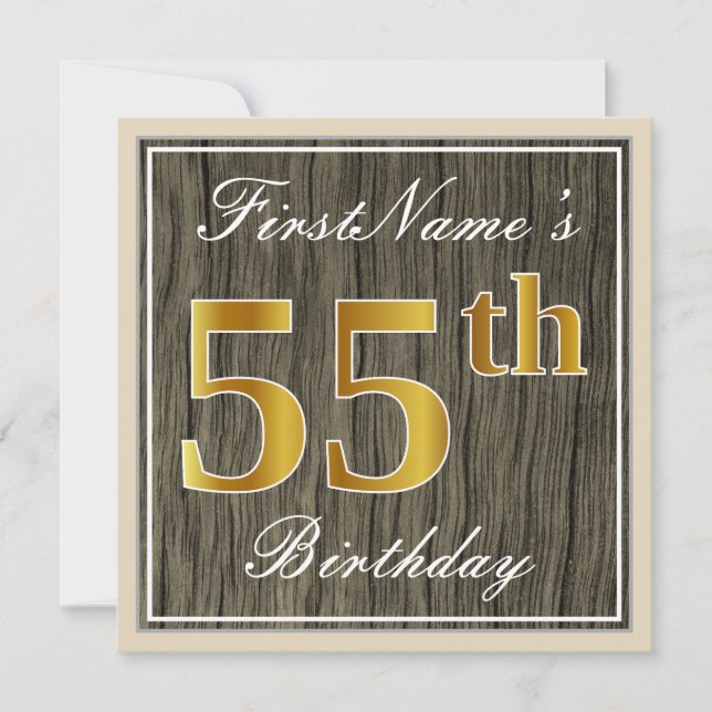 Elegant, Faux Wood, Faux Gold 55th Birthday + Name Invitation (Front)