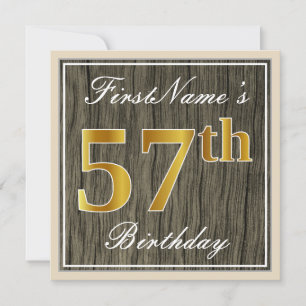Elegant, Faux Wood, Faux Gold 57th Birthday + Name Invitation