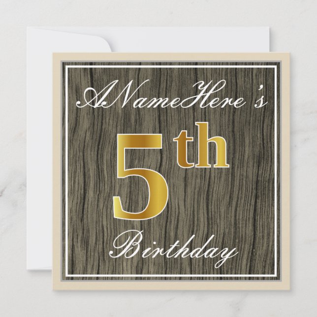 Elegant, Faux Wood, Faux Gold 5th Birthday + Name Invitation (Front)