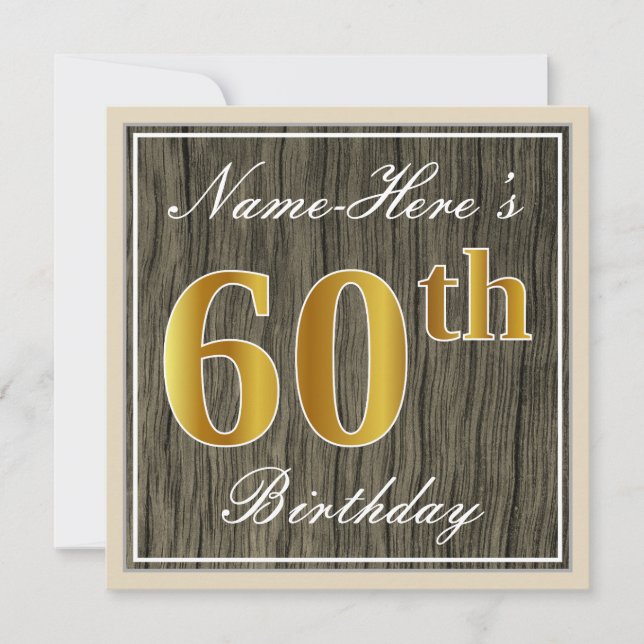 Elegant, Faux Wood, Faux Gold 60th Birthday + Name Invitation (Front)