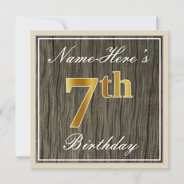 Elegant, Faux Wood, Faux Gold 7th Birthday + Name Invitation (Front)
