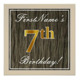 Elegant, Faux Wood, Faux Gold 7th Birthday + Name Poster