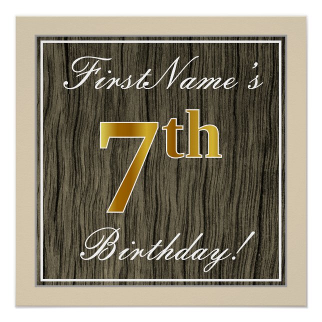 Elegant, Faux Wood, Faux Gold 7th Birthday + Name Poster (Front)