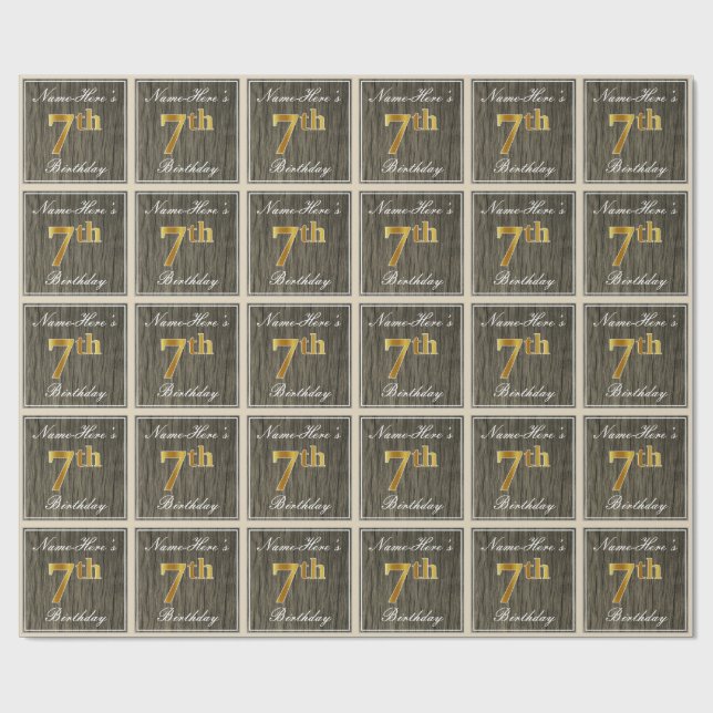 Elegant, Faux Wood, Faux Gold 7th Birthday + Name Wrapping Paper (Flat)