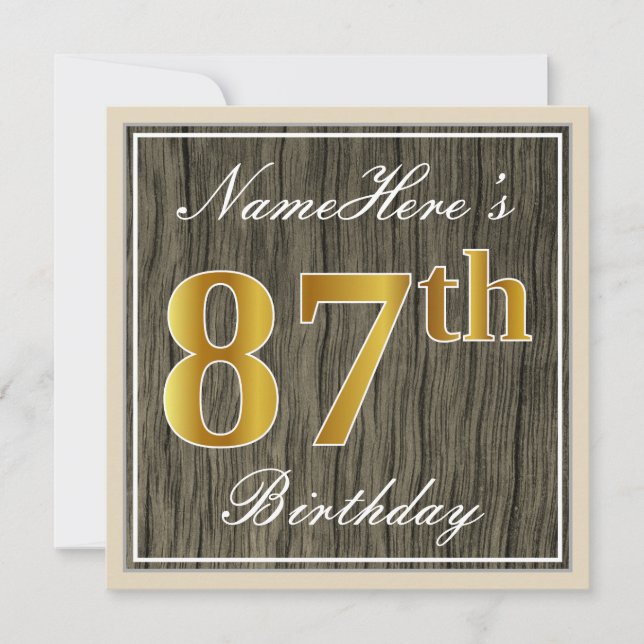 Elegant, Faux Wood, Faux Gold 87th Birthday + Name Invitation (Front)