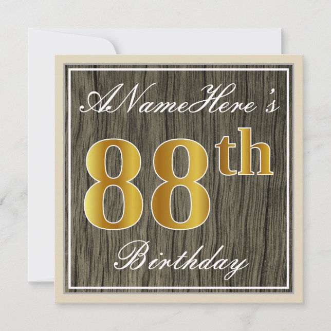 Elegant, Faux Wood, Faux Gold 88th Birthday + Name Invitation (Front)