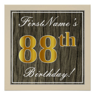 Elegant, Faux Wood, Faux Gold 88th Birthday + Name Poster
