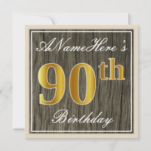 Elegant, Faux Wood, Faux Gold 90th Birthday + Name Invitation