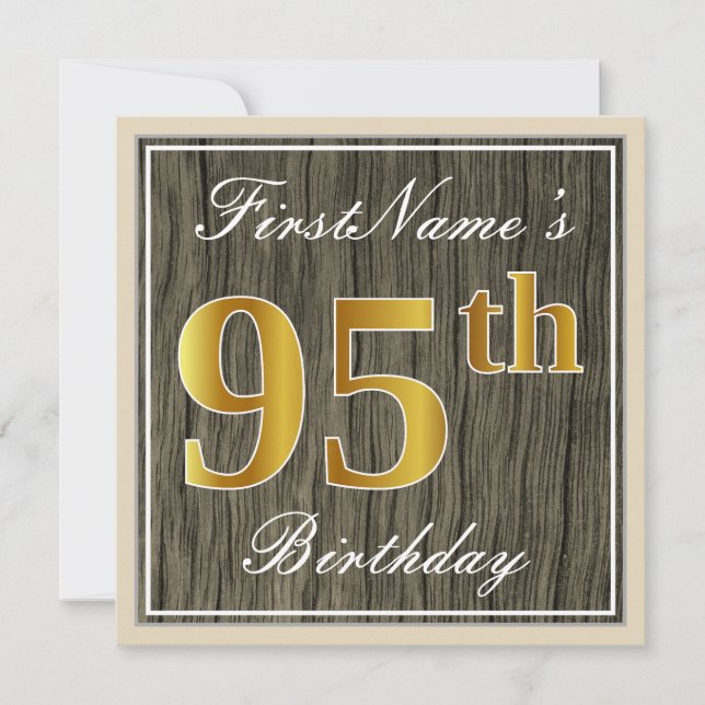 Elegant, Faux Wood, Faux Gold 95th Birthday + Name Invitation (Front)