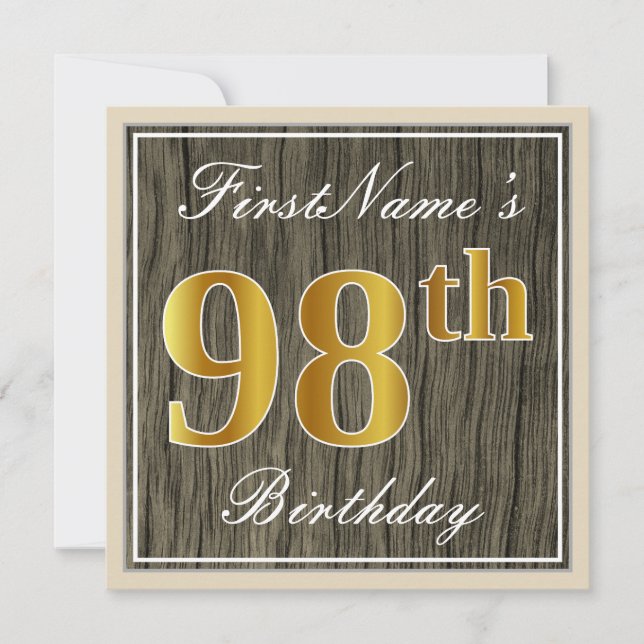 Elegant, Faux Wood, Faux Gold 98th Birthday + Name Invitation (Front)