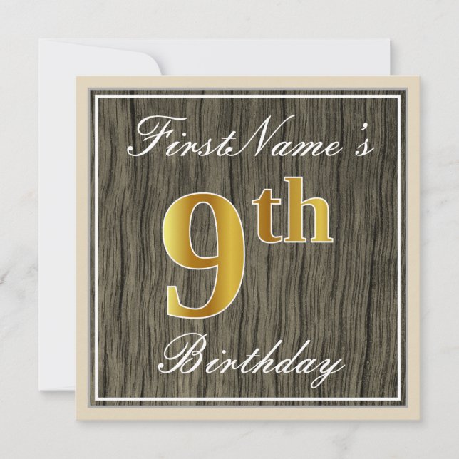 Elegant, Faux Wood, Faux Gold 9th Birthday + Name Invitation (Front)