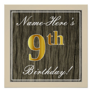 Elegant, Faux Wood, Faux Gold 9th Birthday + Name Poster
