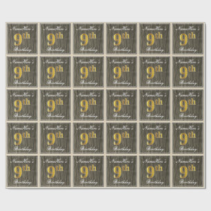 Elegant, Faux Wood, Faux Gold 9th Birthday + Name Wrapping Paper