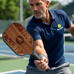 Elegant Faux Wood Inlay Intricate Pattern Monogram Pickleball Paddle
