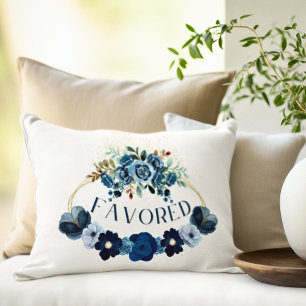 Elegant FAVORED Inspiration Blue Floral Watercolor Decorative Cushion
