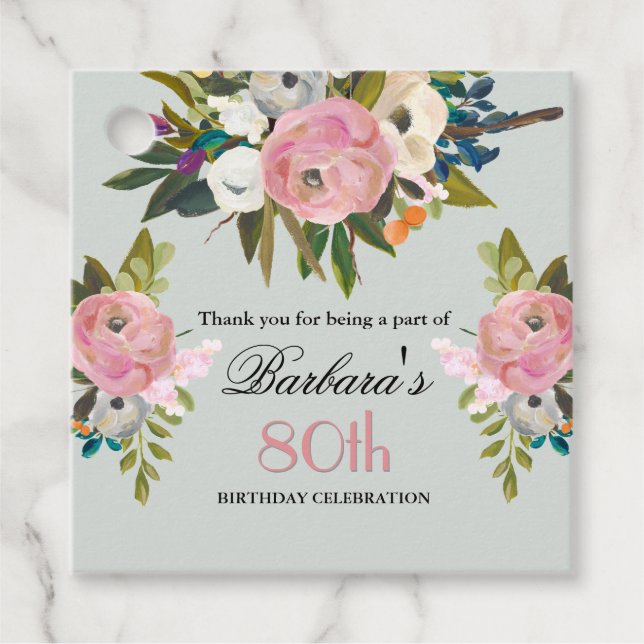 Elegant Favour Tag Floral 80th Birthday  (Front)