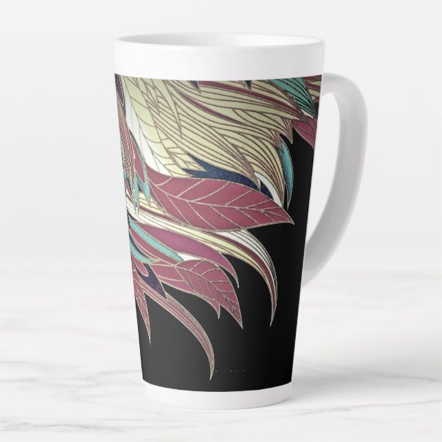 Elegant feather leaf abstract black teal gold red latte mug (Right Angle)