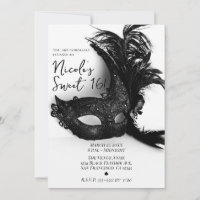 Elegant Feather Masquerade Black & White Sweet 16