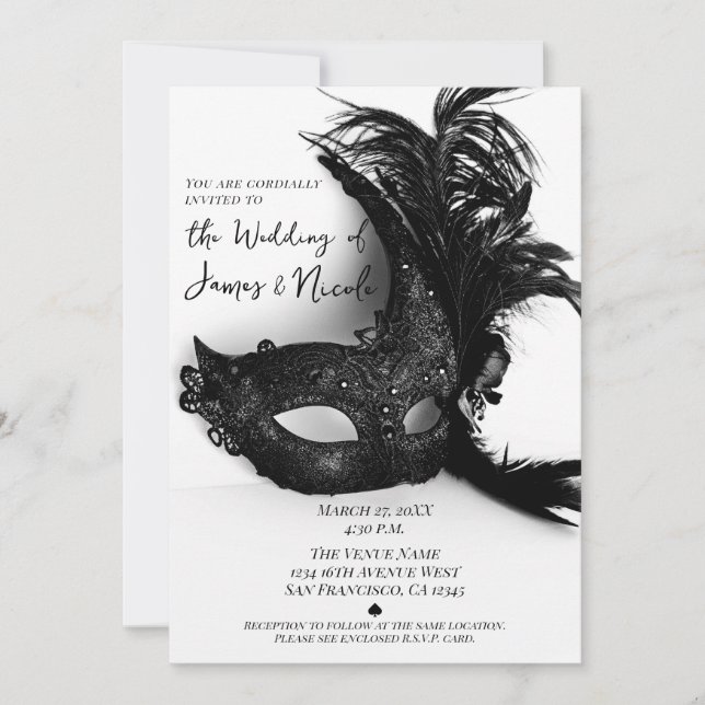 Elegant Feather Masquerade  Black White Wedding Invitation (Front)