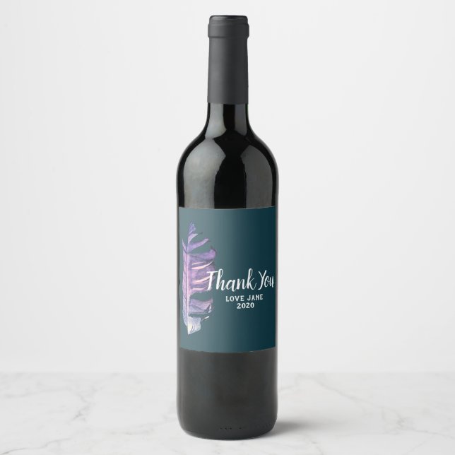 Elegant feather modern thank you gift wine label (Front)