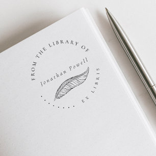 Elegant Feather Pen Custom Ex Libris Library Book Rubber Stamp