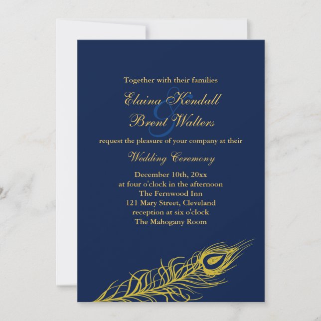 Elegant Feathers on Navy Wedding Invitation (Front)