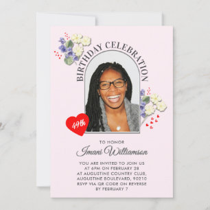 Elegant FEBRUARY Floral ANY AGE Photo Birthday Invitation