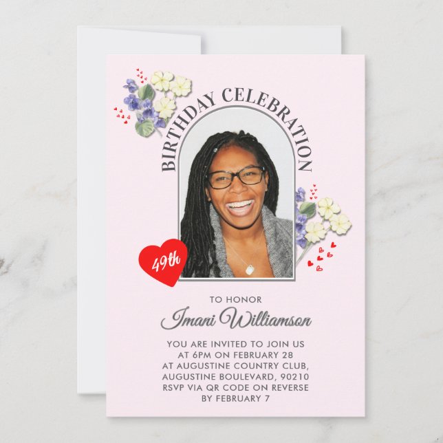 Elegant FEBRUARY Floral ANY AGE Photo Birthday Invitation (Front)