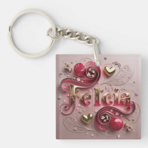 Elegant Felicia Name Art in Gold and Red Key Ring