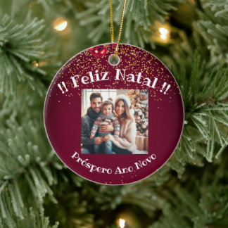 Elegant Feliz Natal e Próspero Ano Portuguese Ceramic Tree Decoration