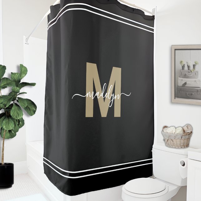 Elegant Feminine Black Gold Monogram Script Name Shower Curtain (Elegant Feminine Black Gold Monogram Script Name Shower Curtain )