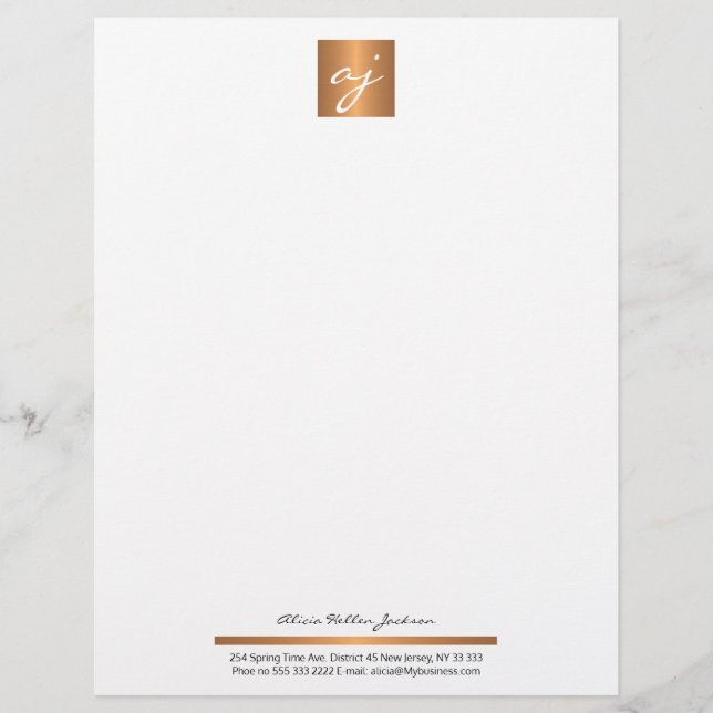 Elegant feminine black white copper gold monogram custom letterhead (Front)