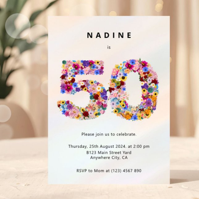 Elegant Feminine Chic Floral 50th Birthday Invitation (50th birthday invitation, floral 50 invite, fifty birthday party invite, elegant birthday invite, fl)