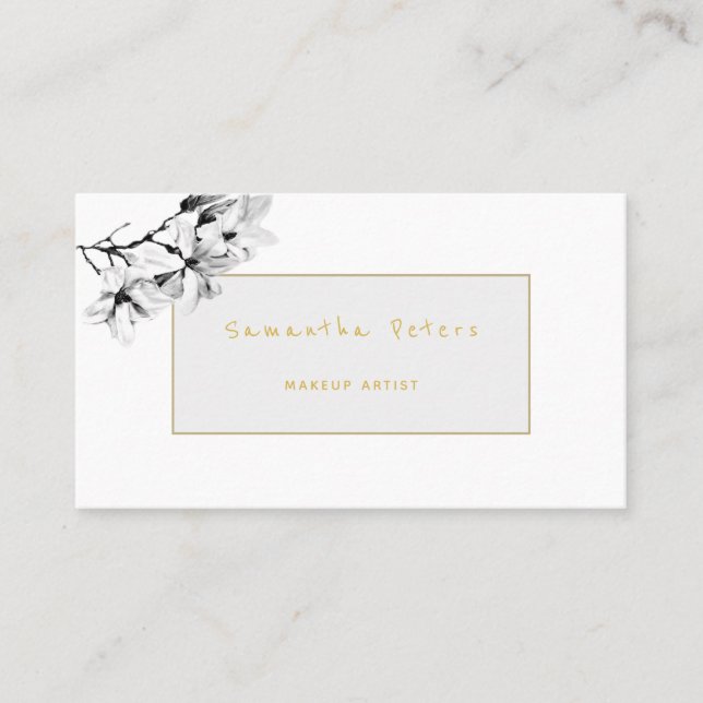 Elegant Feminine Floral Black White Magnolia Business Card (Front)