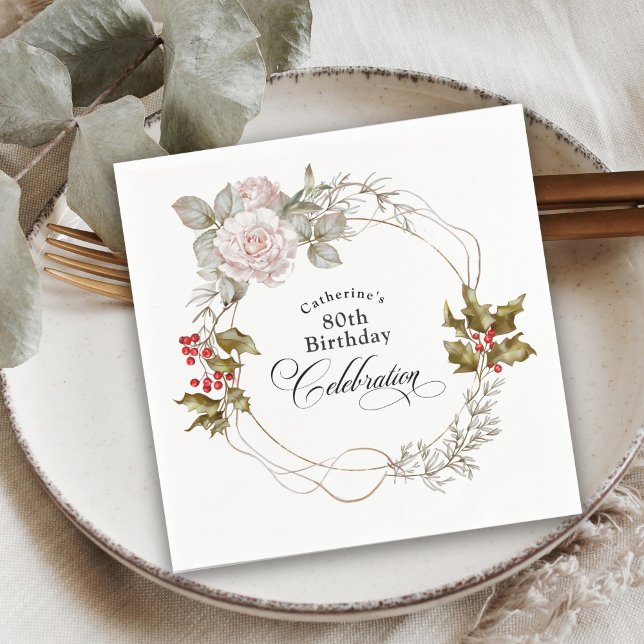 Elegant Feminine Floral December 80th Birthday Napkin (Creator Uploaded)