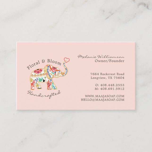 Elegant Feminine Floral Decorative Ornate Elephant Business Card (Front)