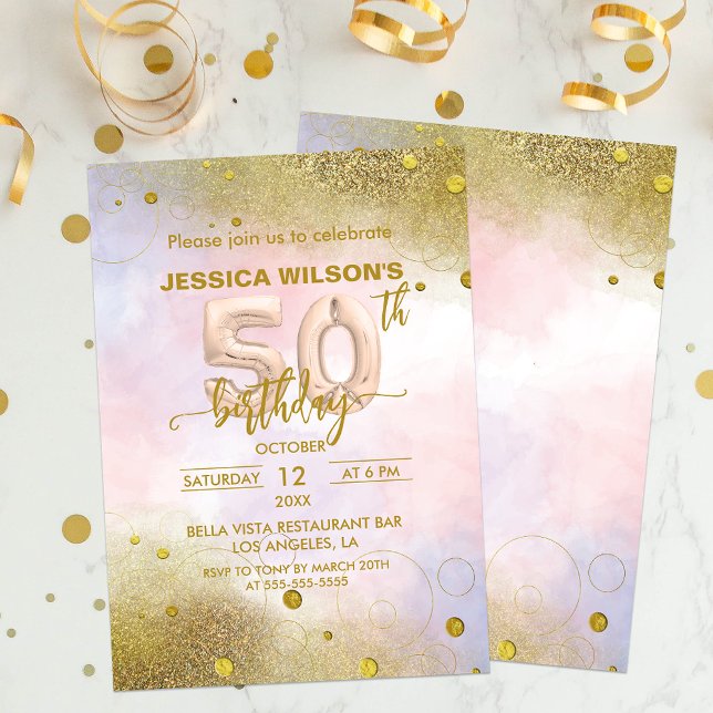  Elegant Feminine Gold Foil Balloons 50th Birthday Invitation (Creator Uploaded)