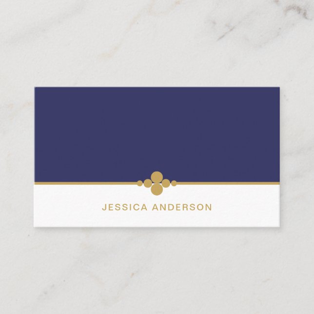 Elegant Feminine Navy Blue Gold Dots Business Card (Front)