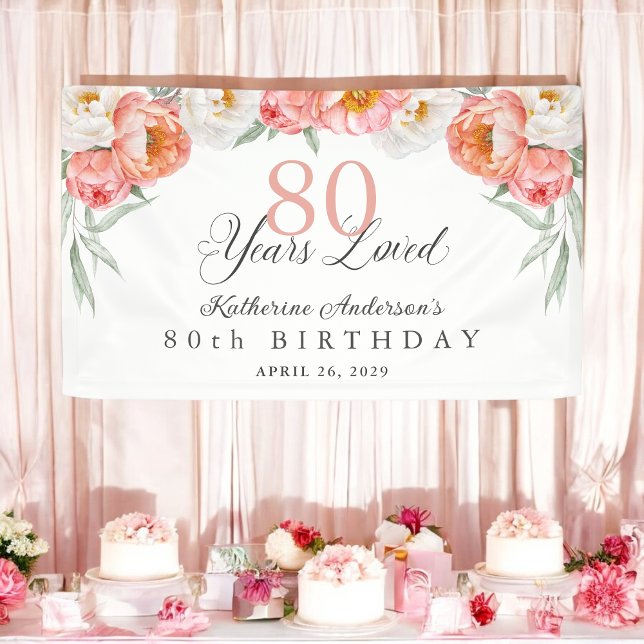 Elegant Feminine Peach Floral 80th Birthday Banner (Creator Uploaded)