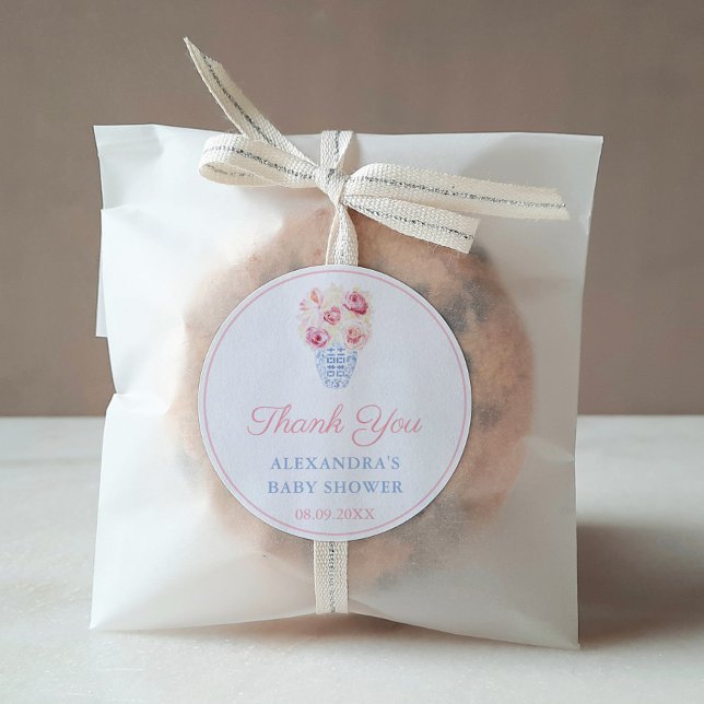 Elegant Feminine Pink Blue Bridal Shower Favour Classic Round Sticker (Pretty Pink Roses In Pale Blue And White Ginger Jar Thank You Baby Shower Favor Sticker Design)
