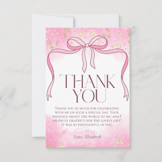 Elegant Feminine Pink Bow Faux Gold Glitter Bridal Thank You Card (Front)