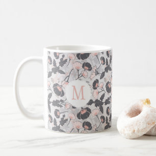 Elegant Feminine Pink Grey Flowers Monogram Coffee Mug